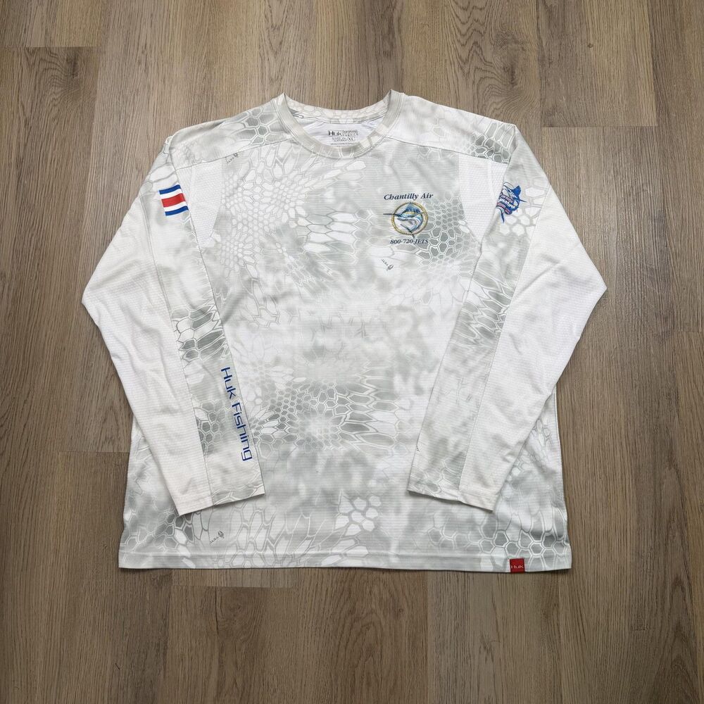 Huk Performance Fishing Shirt Mens XL White Camo Long Sleeve Marlin Graphic